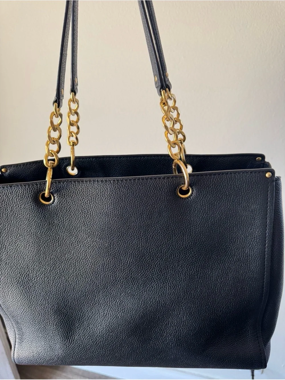 Tory Burch Black Pebbled Leather Tote with Gold Logo and Chain Straps